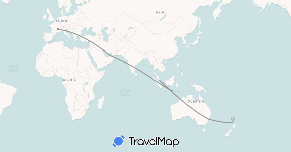 TravelMap itinerary: driving, bus, plane, boat, motorbike in United Arab Emirates, Australia, France, Indonesia, New Zealand, Singapore (Asia, Europe, Oceania)